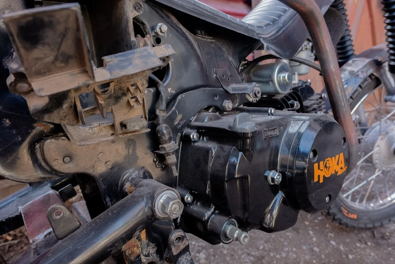 Close-up of the custom motorcycle engine and frame details